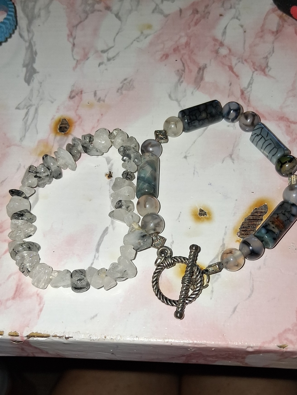 Handcrafted Gray and White Beaded Bracelet Set - Natural Stone and Agate